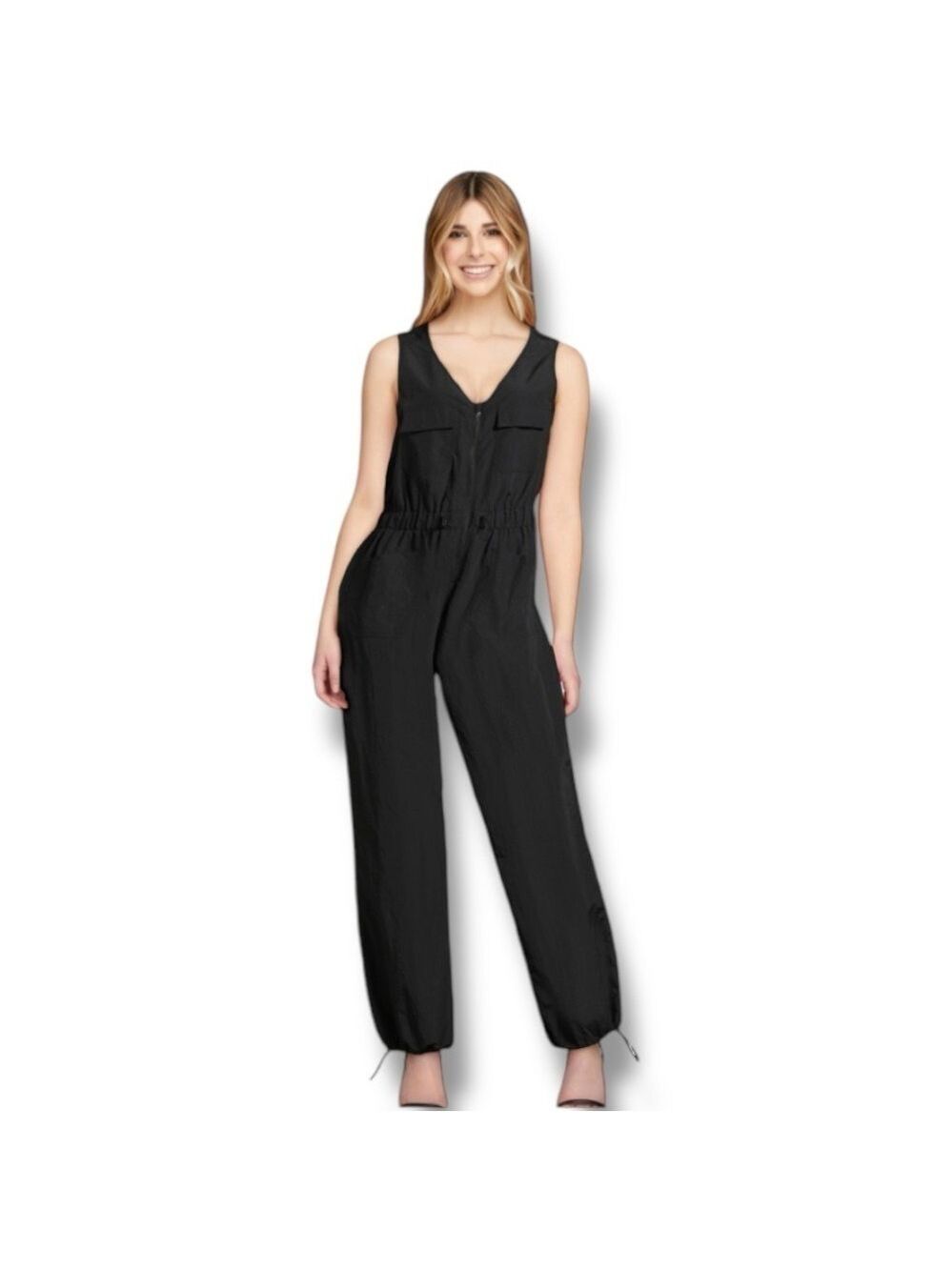 Madden NYC Black Sleeveless Jumpsuit Size Small 100% Nylon 4 Pockets!